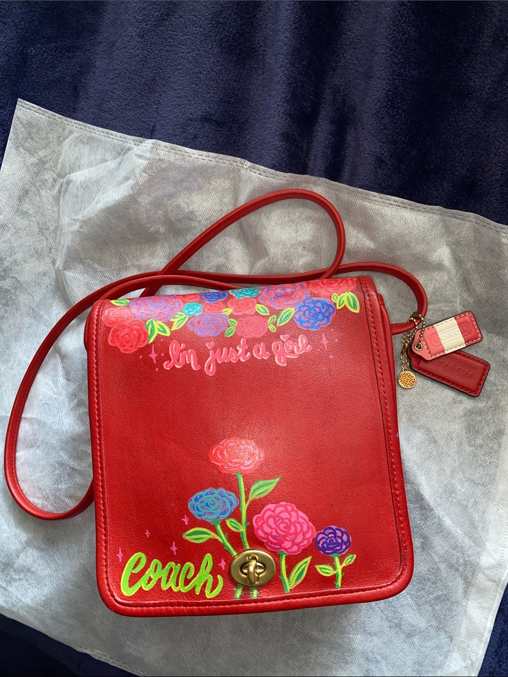 Coach Vintage Leather Compact Pouch Red with Floral hand painted design 1997